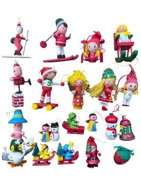 Vintage Wooden Christmas Ornaments Lot 20 Pc Retro Hand-Painted Figures 70s 80s